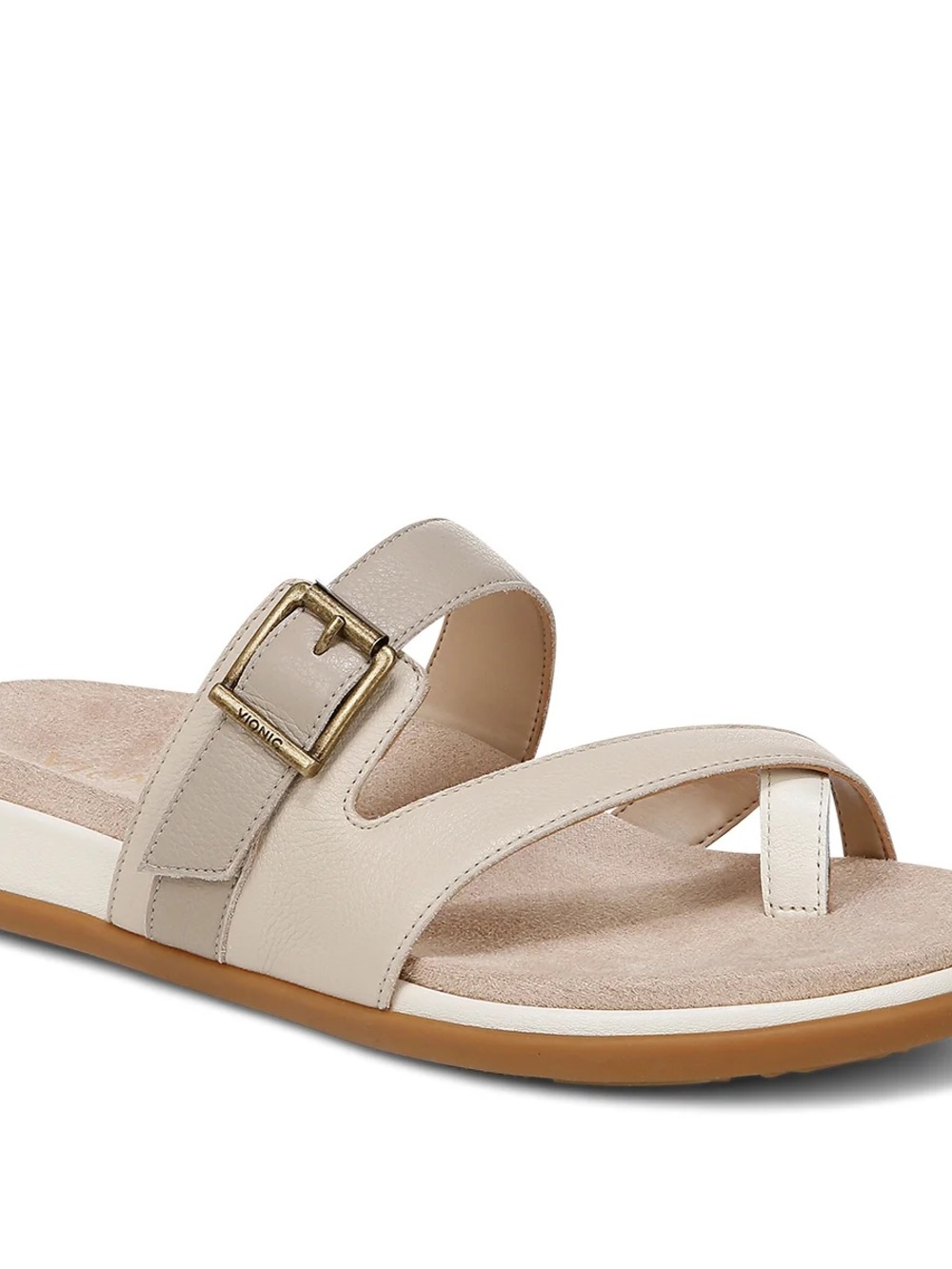 Vionic Women's Cream Leather Buckle Toe-Loop Slide Sandals
